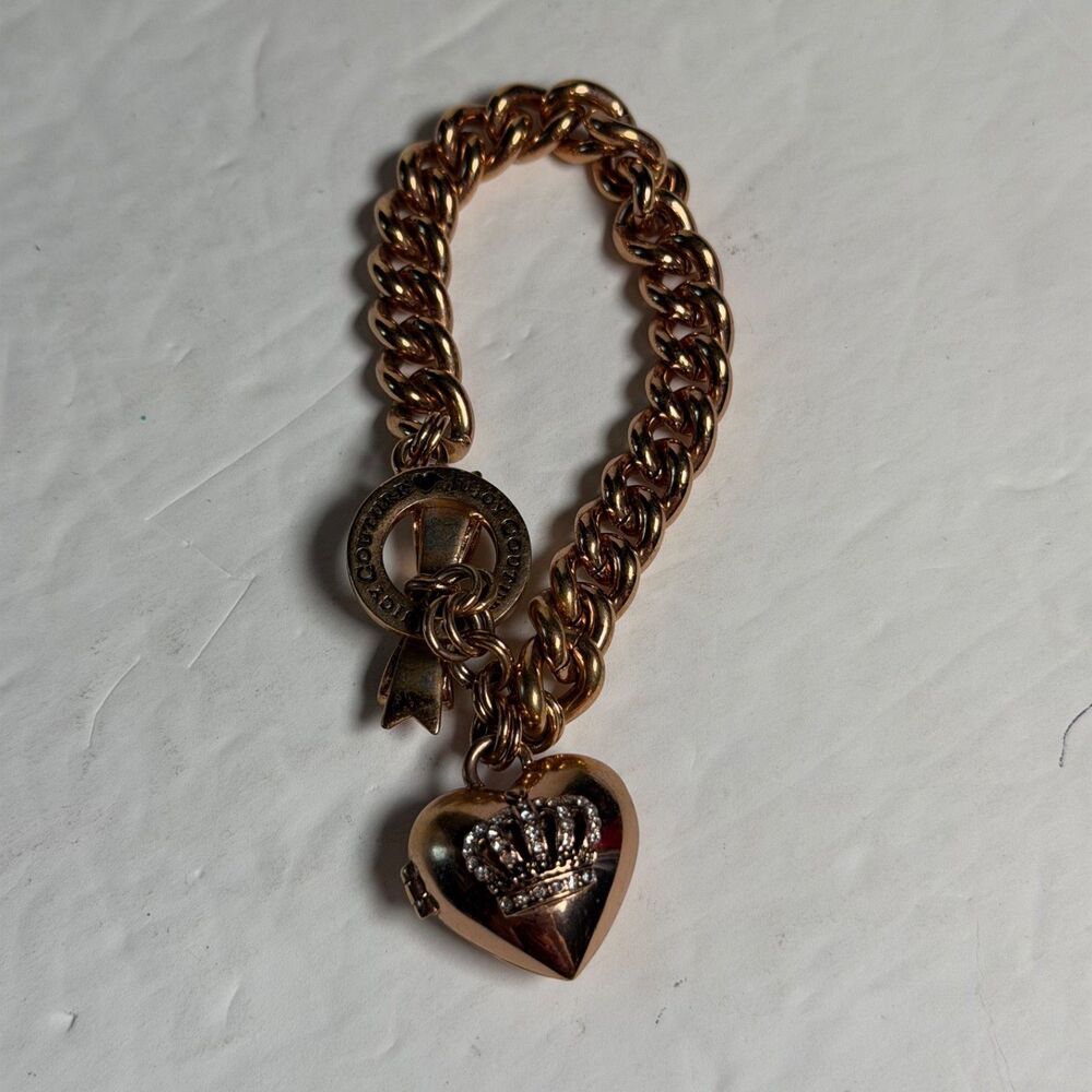 Juicy Couture Rose Gold Heart Locket Crown Charm Bracelet 7" Bow Toggle